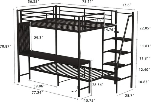 Vista 2 de KEIKI Litera Full sobre Twin con Estación de Carga, Cama Alta de Metal con Escritorio & Protector de Seguridad & Escaleras, Marco de Cama de Metal