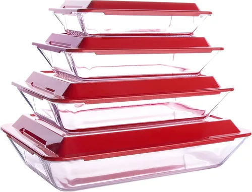 Vista 10 de Juego de 8 bandejas de vidrio templado para hornear con tapas sin bisfenol A. Apto para horno, microondas, refrigerador y lavavajillas, 0.8L, 1.5L