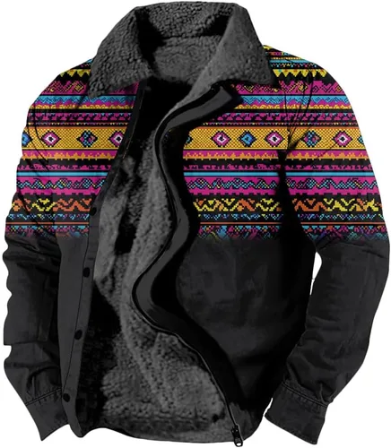 Vista 19 de LOAIHA Chaqueta de invierno para hombre, chaqueta azteca occidental para hombre, con cremallera, forro polar cálido, chaqueta vaquera, étnica vintage