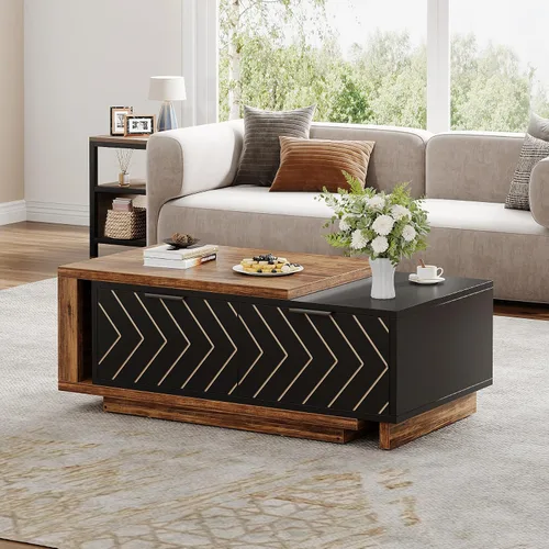 Vista 3 de Tribesigns - Mesa de café extensible con 2 cajones de almacenamiento, mesa central de dos tonos con tablero deslizante, mesa de cóctel rectangular