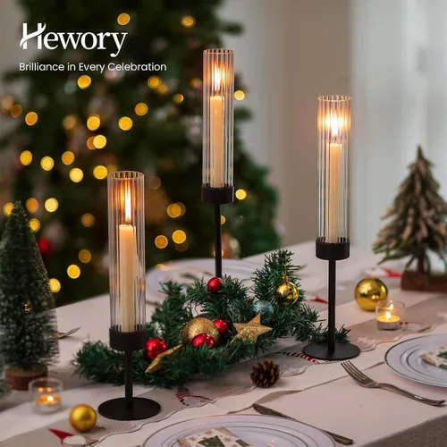 Vista 2 de Hewory Portavelas cónicos negros: juego de portavelas de 3 piezas de vidrio huracán alto para candelabros, portavelas para decoración de mesa