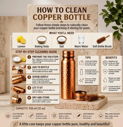 Vista 5 de Pure Copper Water Bottle 34 Oz Hammered Drinking Water Bottle with Leak-Proof Lid BPA-Free Reusable Copper Flask Carry Bag & Cleaning Brush