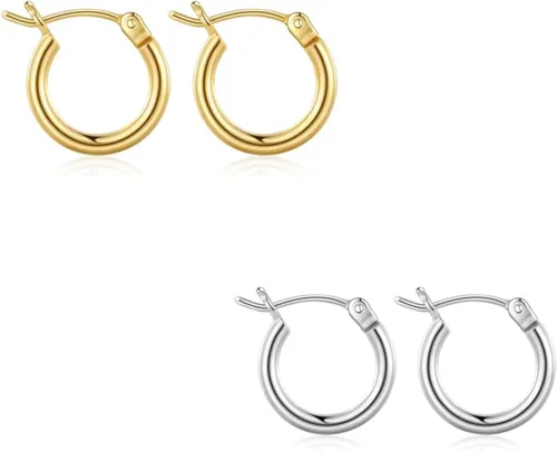 Vista 22 de Aretes de aro de oro para mujer chapados en oro real de 14 quilates con poste de plata de ley 925 Dorado