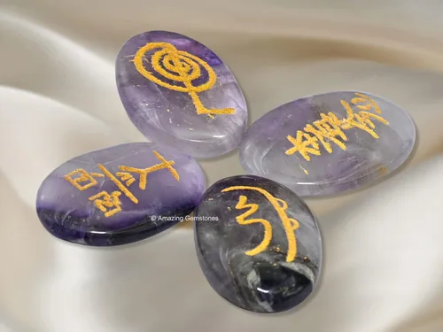 Vista 4 de Amazing Gemstone Piedras de Reiki de cristal de amatista con símbolos grabados para curación Usui Reiki, juego de 4 piezas