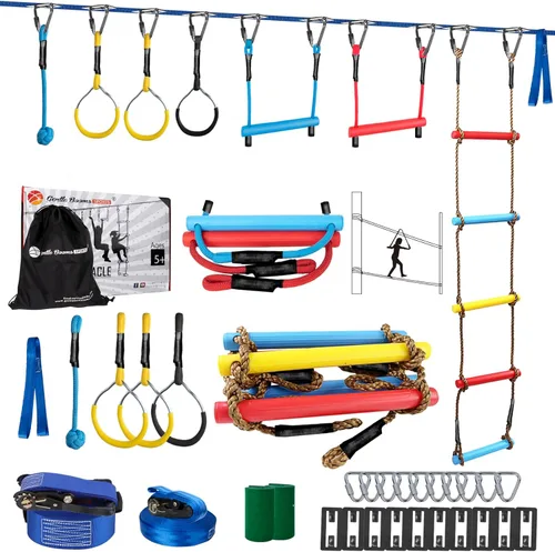 Vista 11 de Ninja Warrior - Carrera de obstáculos para patio trasero de niños, kit de línea floja de 65 pies con 13 obstáculos, hebillas de instalación rápida