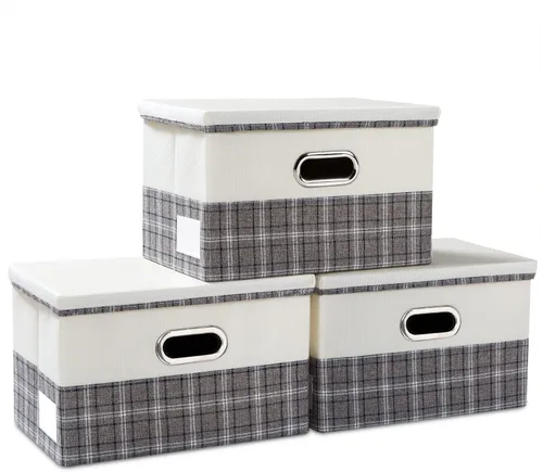 Vista 50 de PRANDOM Contenedores de almacenamiento con tapas [paquete de 3] cajas de almacenamiento plegables de tela de lino, canastas organizadoras, cubos