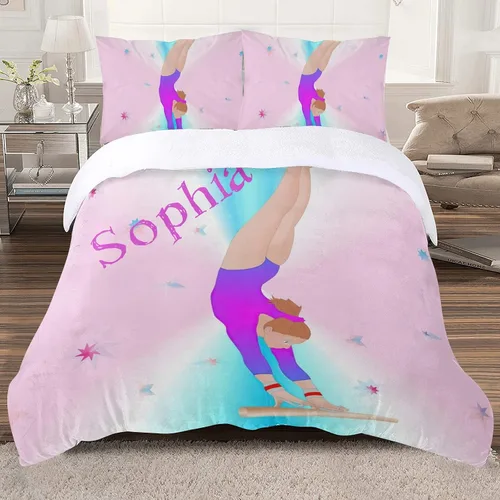 Vista 2 de Juego de ropa de cama personalizada de 3 piezas para niñas con mosca de gimnasia, tamaño individual, funda de edredón personalizada con nombre