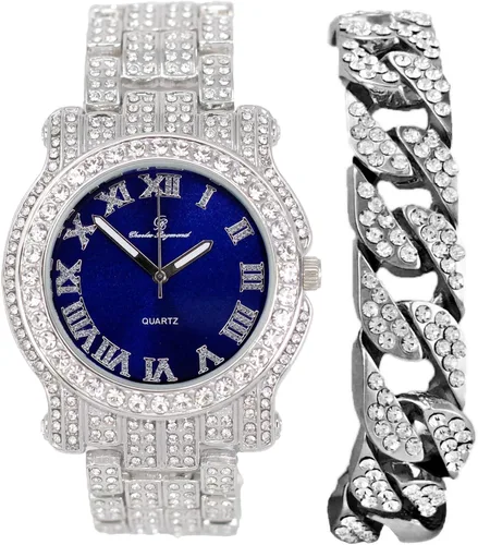 Vista 24 de Charles Raymond Reloj redondo de lujo para hombre totalmente incrustado con brillantes en plata con pulsera Bling-ed Out - L0504B
