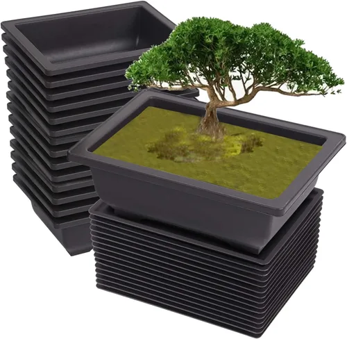 Vista 8 de KINJOEK 15 macetas de entrenamiento de bonsái de plástico de 6.5 pulgadas con bandejas de drenaje, maceta rectangular para árbol de bonsái, maceta