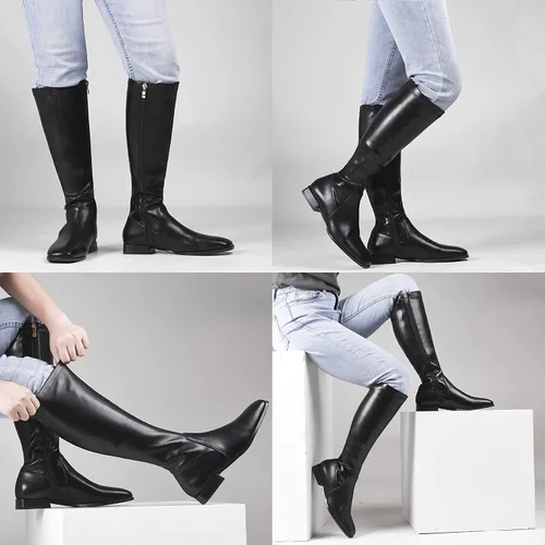 Vista 5 de GENSHUO Botas altas hasta la rodilla para mujer, cómodas botas de tacón plano vintage con punta cuadrada para otoño e invierno, con cremallera