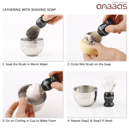 Vista 6 de Kit de afeitado Anbbas con brocha de cerdas de tejón puro, mango de madera negra y barra de jabón recargable de 100g, soporte de afeitado de acero