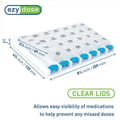 Vista 2 de EZY DOSE Semanal (7 días) 4 veces al día, organizador de pastillas con botón pulsador y planificador de vitaminas, pastilleros diarios extraíbles