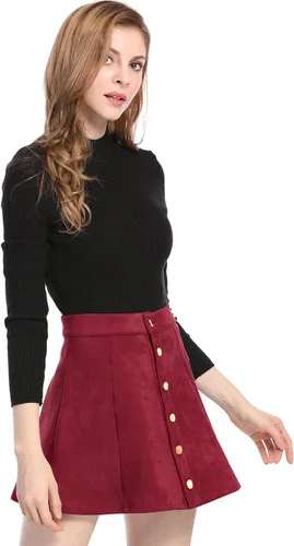 Vista 2 de Allegra K Minifalda corta acampanada de gamuza sintética con botones de cintura alta para Halloween