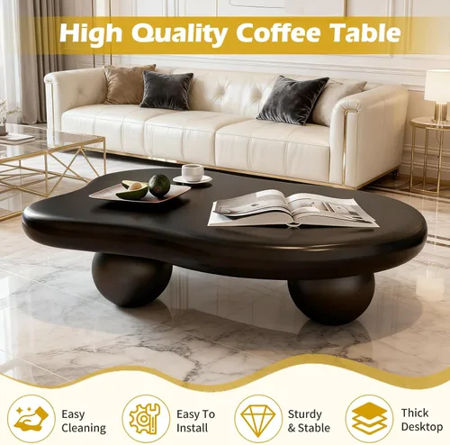 Vista 3 de Mesa de centro en forma de nube de 44 pulgadas, modernas mesas de centro ovaladas irregulares con 3 bases, mesa central color crema para dormitorio