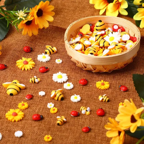 Vista 4 de 200 piezas de resina mini decoración de girasol de abeja margarita adorno de abejas, abalorios de abejas, cuentas epoxi de mariquitas, manualidades