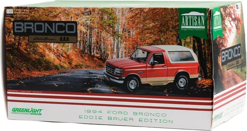 Vista 3 de Greenlight 1994 Bronco Eddie Bauer Edition Electric Red Metallic y Tucson Bronce con Top Blanco Colección Artisan 1/18 Modelo de coche fundido a