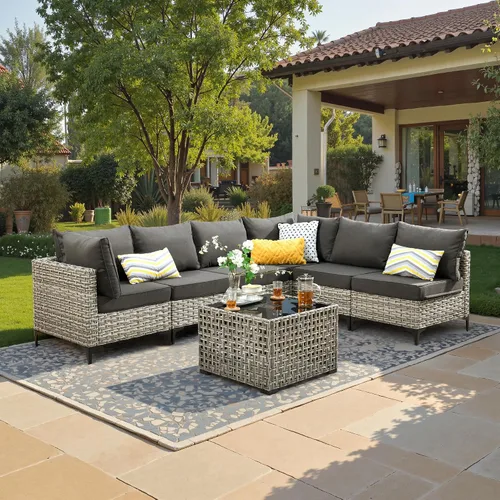 Vista 49 de ovios Muebles de patio de 8 piezas con hoguera, juego de conversación de mimbre de ratán para exteriores con mesa de centro brillante, cómodo sofá