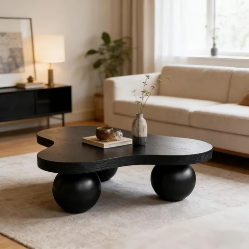 Vista 10 de Mesa de centro Cloud de 47.2 pulgadas con 3 patas de bola, moderna mesa central irregular para sala de estar, mesa de té pequeña baja y bonita