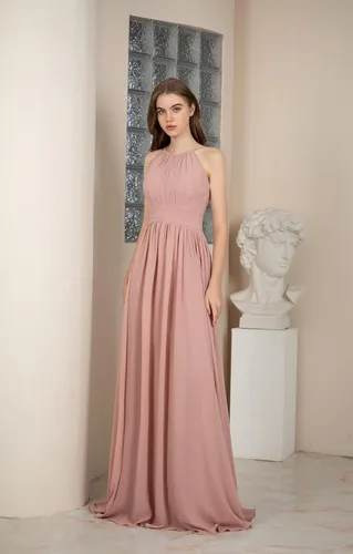 Vista 7 de Huaxiafan Vestidos de dama de honor sin mangas, tirantes delgados, plisados, vestido de noche formal, cuello halter, vestido de graduación