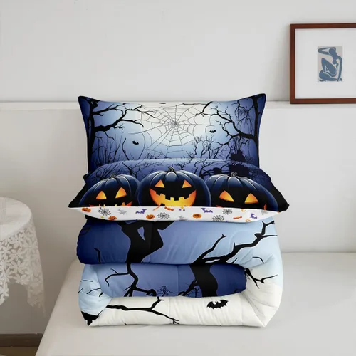 Vista 7 de Juego de ropa de cama con diseño de araña fantasma, tamaño individual, para niños y niñas, con temática de truco o trato, juego de edredón de feliz
