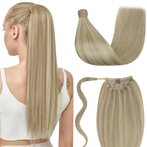 Vista 17 de LaaVoo Extensión de cola de caballo de cabello humano marrón para mujer, extensiones de cola de caballo marrón oscuro, extensiones de cabello humano