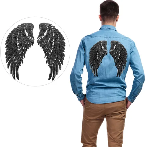 Vista 4 de Amosfun Sequin Angel Wings Embroidered Iron-on Clothes Applique Patch 2 Pairs Black DIY Garment Sewing Decor for Jackets Shirts Craft