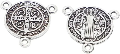 Vista 2 de 100 piezas de centros de mesa de rosario con medalla de San Benito de triángulo de plata antigua