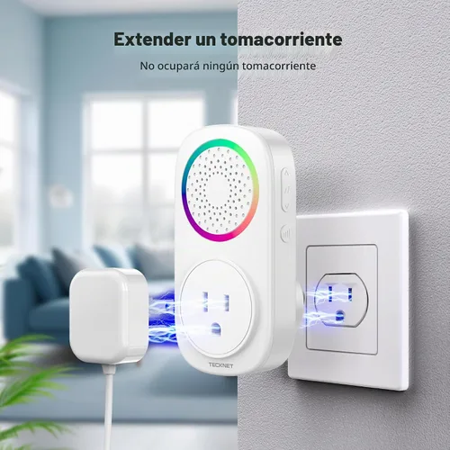 Vista 2 de TECKNET Kit de timbre inalámbrico autoalimentado, timbre de puerta enchufable con luz RGB, 60 campanillas y 5 niveles de volumen, timbre de aula