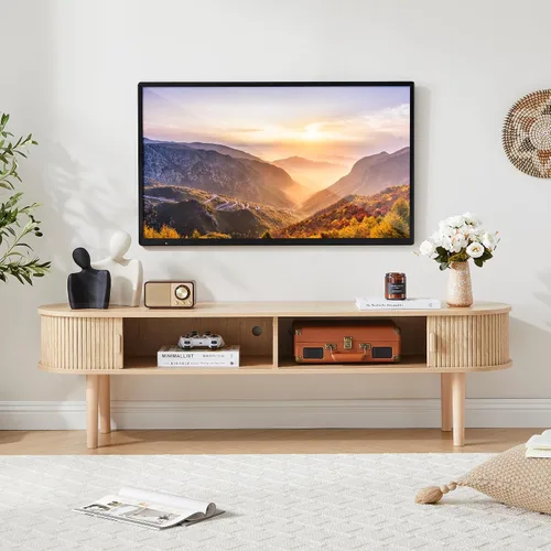 Vista 4 de Soporte de TV, mesa consola multimedia acanalada totalmente montada con puertas correderas, centro de entretenimiento moderno con almacenamiento