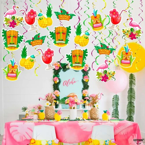 Vista 4 de KatchOn, Remolinos colgantes hawaianos de Tiki – Paquete de 30, sin bricolaje Decoraciones de fiesta Tiki Decoraciones de fiesta hawaiana