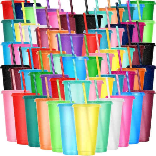 Vista 23 de Honeydak Paquete de 60 vasos con popote y tapa, vasos a granel para regalos, tazas de café de plástico con purpurina de 24 a 27 onzas, botella