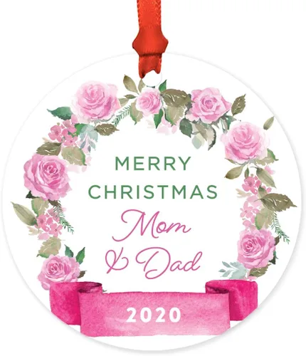 Vista 39 de Andaz Press Adorno de Navidad de madera grabado con láser para aniversario de boda, 1 año juntos, Navidad 2025, pancarta de flores rosas, 1 paquete