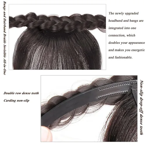Vista 3 de Diadema de cabello trenzado con flequillo francés, diadema de cabello humano, flequillo, flequillo, flequillo, una pieza, extensión de cabello