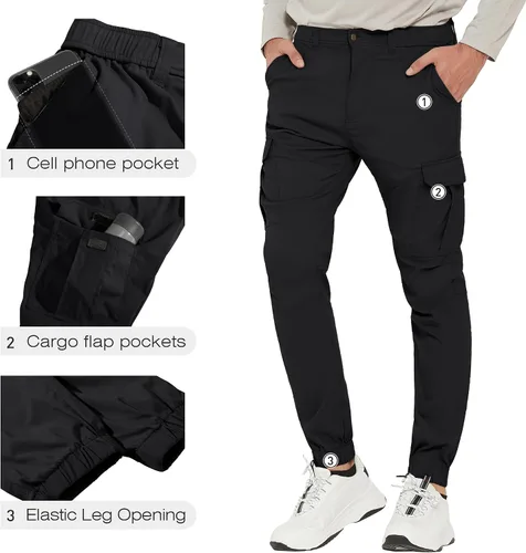 Vista 4 de PULI Pantalones cargo de senderismo para hombre, ajustados, elásticos, impermeables, con bolsillos
