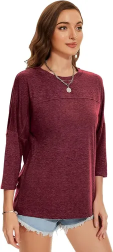Vista 109 de ZENNILO Camisetas casuales de manga 3/4 para mujer, holgadas, cuello redondo, lindas camisetas básicas