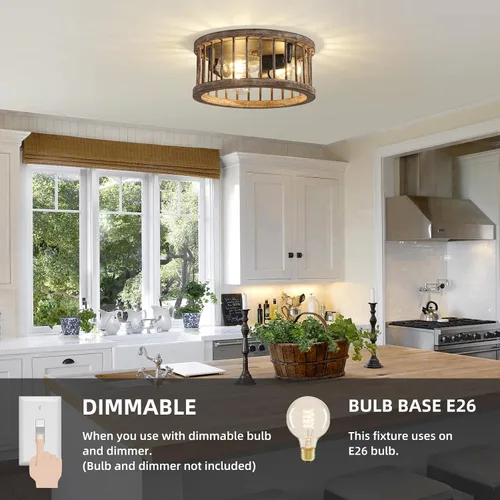 Vista 7 de Lámpara de techo de montaje empotrado estilo granja, 3 luces de metal y madera de 12.6 pulgadas, lámpara de techo para cocina, pasillo, comedor