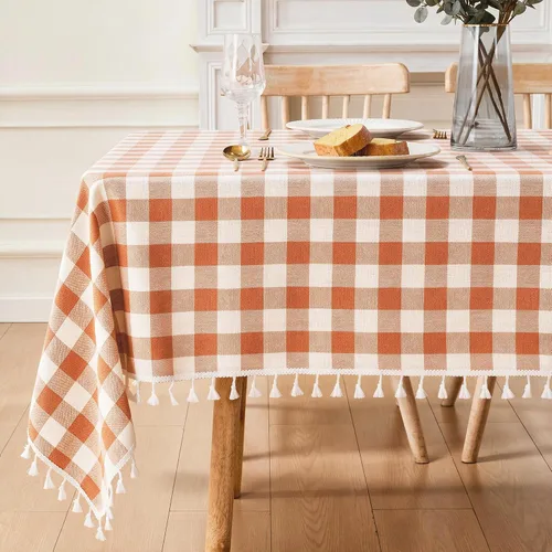 Vista 19 de JIALE - Mantel cuadrado de lino de algodón de cuadros Gingham con borlas, lavable, sin arrugas, mantel a cuadros de búfalo para fiesta al aire Beige