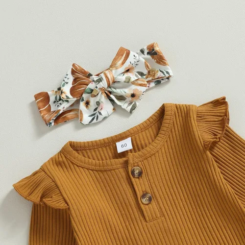 Vista 4 de Kuriozud Conjunto de Pantalones Acampanados para Bebé Recién Nacida Niña Mameluco con Volantes Lindo Lazo Pantalones Acampanados Diadema Ropa Linda