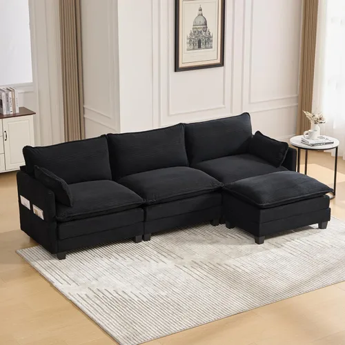 Vista 13 de Sofá seccional en forma de U de gran tamaño con asiento profundo de pana con marco de madera maciza, sofá modular cómodo moderno con reposabrazos
