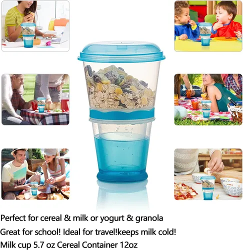 Vista 3 de INOGIH Cereal On the Go Tazas Desayuno-Taza portátil para bebidas Cereal To-Go Contenedor de taza con cuchara (azul)