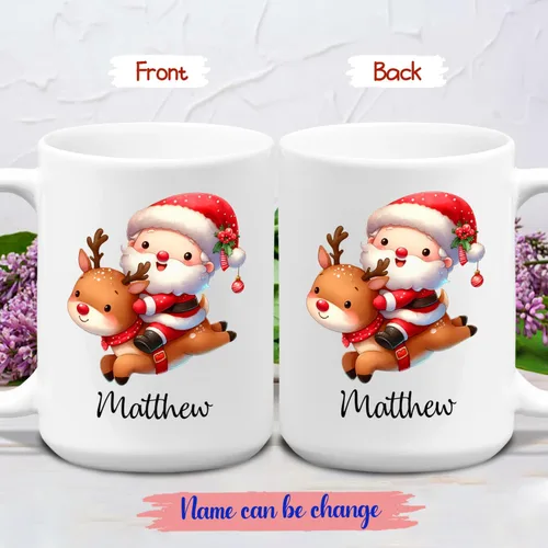 Vista 2 de Taza de café de Papá Noel con nombre personalizado – Taza de Papá Noel personalizada, 11 onzas y 15 onzas, bonita taza de cerámica blanca regalo
