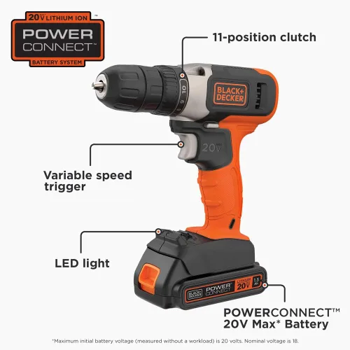 Vista 2 de BLACK+DECKER Kit de taladro inalámbrico de 20V MAX con batería, cargador, incluye broca de taladro de doble cara (BCD702C1)