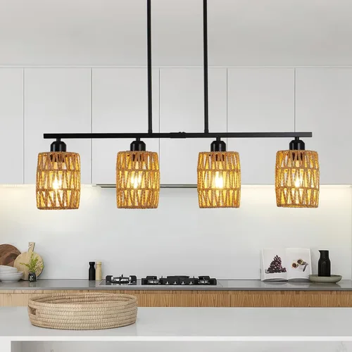 Vista 10 de Lámpara de isla de cocina de ratán, lámpara de araña rústica boho costera, lámpara colgante rústica bohemia de 4 luces para comedor, altura