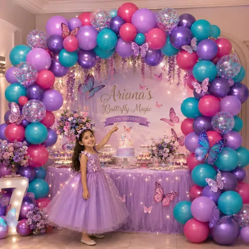 Vista 4 de Globos de látex rosa intenso, azul, morado, 50 globos de látex de 12 pulgadas con confeti metálicos para niños, temática mágica, cumpleaños, baby