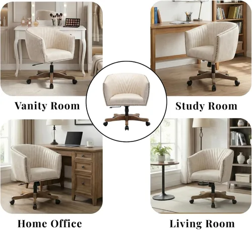 Vista 7 de Silla de escritorio de piel sintética beige, silla de escritorio tapizada giratoria con brazo ajustable con cabezas de clavos, cómoda silla
