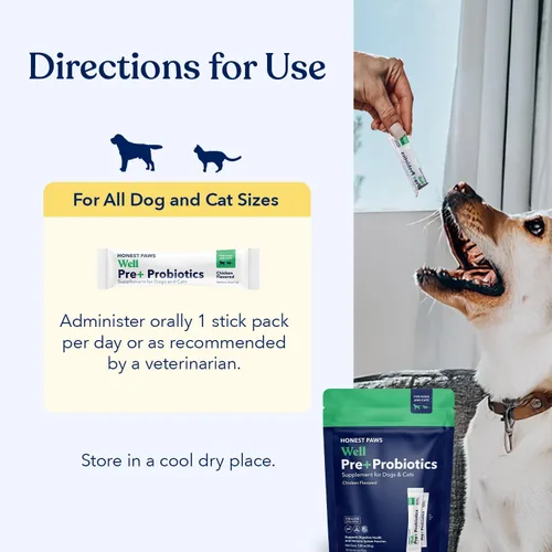 Vista 5 de Honest Paws - Probióticos para Perros - Polvo de Apoyo Digestivo e Inmunológico con Prebiótico Hecho en EE. UU., Sabor a Pollo (30 Sticks)