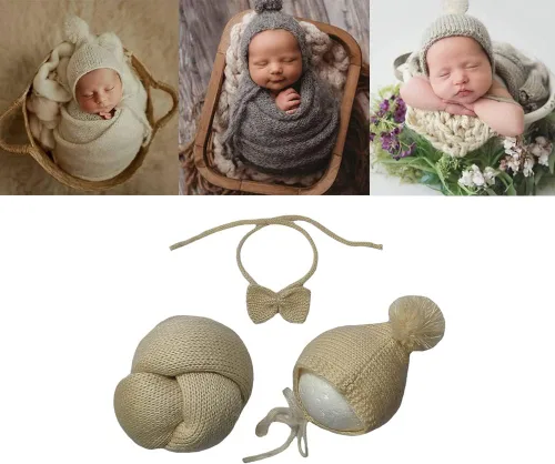 Vista 2 de CUTEBBPHOTO Manta elástica para fotografía de recién nacido, manta de ganchillo para fotos de bebé, accesorios de punto para sesión de fotos