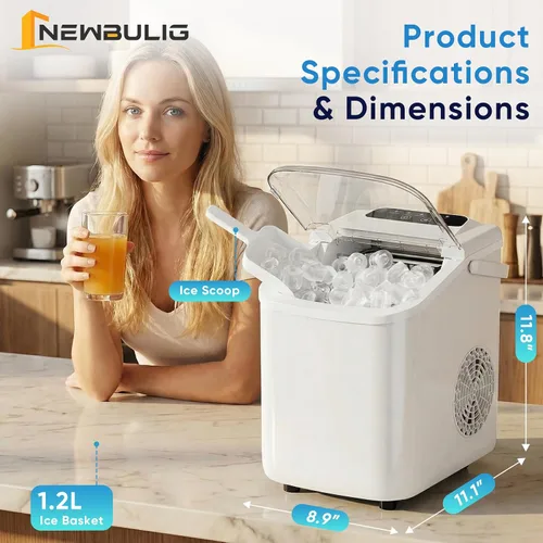 Vista 8 de NEWBULIG Máquina de hielo, máquina de hielo para encimera con mango Blanco