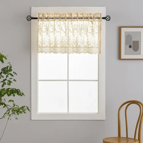 Vista 8 de Kotile - Cenefa de encaje beige para ventanas de estilo rústico campestre con diseño floral de vid, fondo ondulado, cenefa transparente de encaje