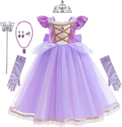Vista 28 de REXREII Disfraz de princesa Sofía para niñas, disfraz de Halloween, Navidad, fiesta, cumpleaños, noche, vestido de baile con accesorios